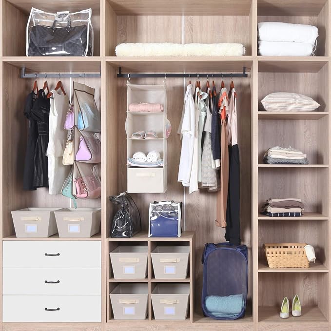 MAX Houser 4-Shelf Hanging Closet Organizer, Space Saver, Cloth Hanging Shelves with 2 Side Pockets, Foldable (Beige) | Foldable Fabric Hanging Shelves for Closet, Cloth Hanging Shelves with 2 sturdy hanging hooks, Small Space Saver