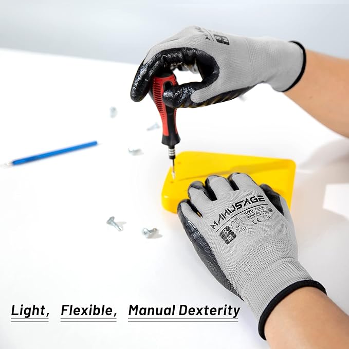 MANUSAGE Safety Work Gloves Nitrile For Men and Women, with Touchscreen Fingers, Men's Work Gloves with Grip, Mechanics Gloves (Size-XL, Grey, 3 Pairs)