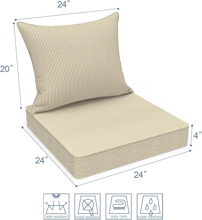 LVTXIII Outdoor Seat and Back Cushion Patio Deep Seat Cushion Set Seasonal Chair Cushion for Wicker Chairs and Garden Furniture Decoration, 22"x22"x4", Strip Beige