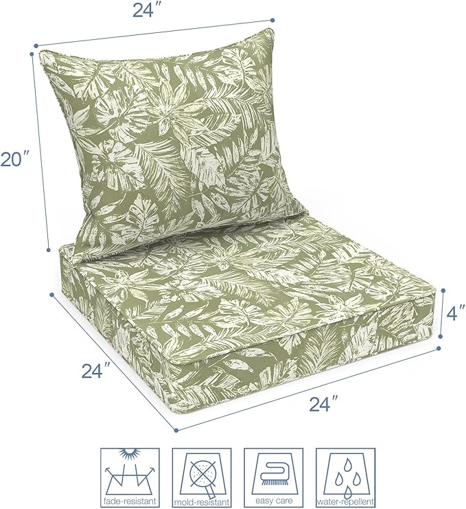 LVTXIII Outdoor Deep Seat Cushion Patio Seat and Back Cushion Set Seasonal Chair Cushion with Removable Cover and Adjustable Buckle for Home and Garden, 22"x22"x4",Tropical Leaf Green