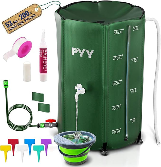 PYY Rain Water Collection Barrel - 53 Gallon Green Large Water Storage Tank with Spigot, Hose and Portable Bucket, Plastic Collapsible Rain Catcher Catchment System to Collect Rainwater from Gutter