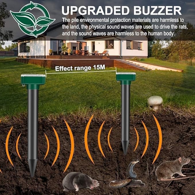 Mole Repellent Ultrasonic Solar Powered Animal Repellent for Outdoor Lawn Garden for Snakes, Moles, Gophers, Groundhogs, Voles and Other Burrowing Rodents (8 Pack)