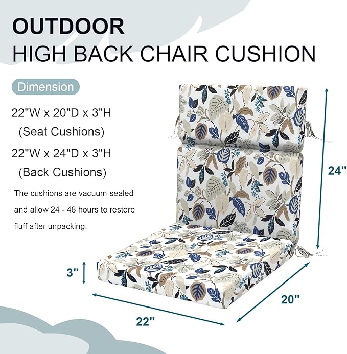 DYTXIII Outdoor High Back Chair Cushions Set of 2, 44"x22" Water Repellent Patio Seat Cushions with Elastic Sponge, All Weather Chair Pads for Rocking, Dining Chairs, Patio Furniture - Leaves Beige