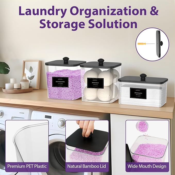 COAZEX 2+1 Pack Clear Laundry Pods Container & Dryer Sheet Holder Black Lid | Laundry Organization, Square Design,2 Scoops & 12 Labels, For Detergent Powder, Laundry Pods, Dryer Sheets, Wide Mouth