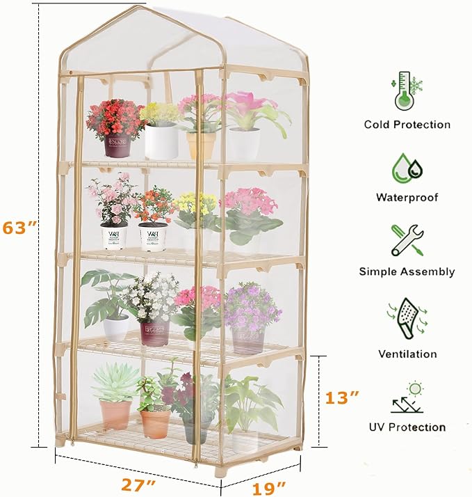 Purlyu Garden 4-Tier Greenhouse – for Indoor Outdoor Gardening Hot House w/ Zippered Cover and Metal Shelves for Growing Vegetables, Flowers and Seedlings (PLGH704OWP)