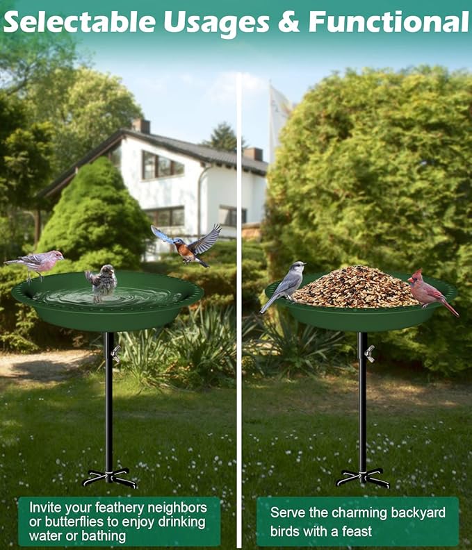 29 Inch Height Oval Shape Bird Bath for Outdoors, Detachable 5-Prong Birdbath Bowl Spa & Birdfeeder with Metal Stake Stand for Outside Garden, Green