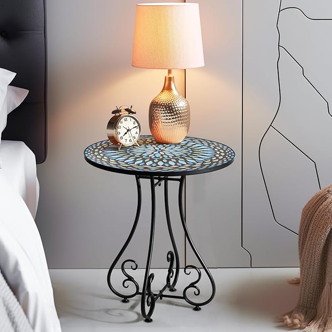 18" Round End Table, Unique Relief Ceramic Tile Tabletop with Metal Frame, Metal Scrollwork Accent Outdoor Side Table