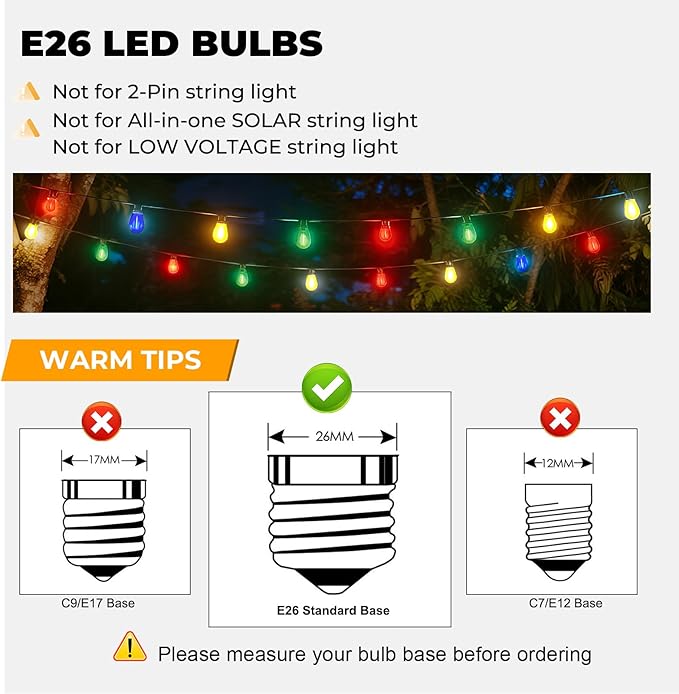 GvvooHome 36 Pack LED S14 Colored Light Bulbs for Outdoor String Lights, Shatterproof 1W Replacement Bulbs for Party Lights, 2200K Warm White, Dimmable, E26 Base, Multi-Color: Red/Green/Blue/Orange