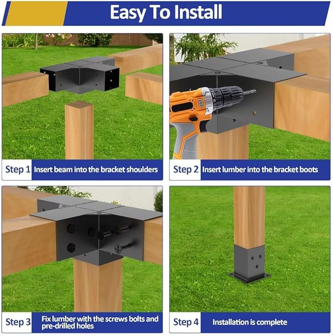 JEXALINE Pergola Kit for 4"x4" Lumber, Heavy Duty Pergola Brackets with 4-Way Corner Brackets, DIY Gazebo Kit for Outdoor Patio Backyard Garden, Fits Actual 3.6" x 3.6" Wood