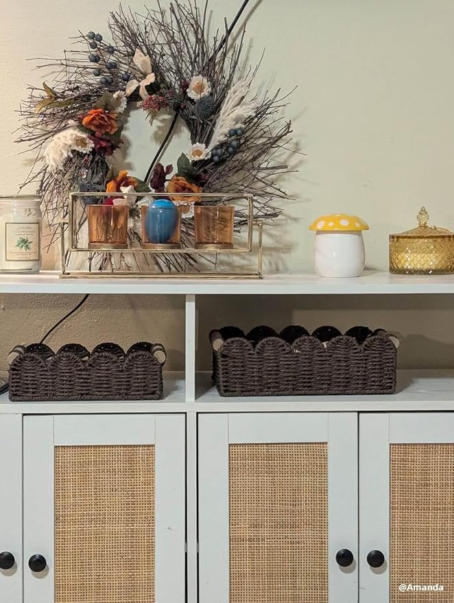 CubesLand Scalloped Toilet Paper Storage Basket for Over Toilet Shelves | Decorative Wicker Organizer Basket Perfect for Home Countertop Storage, Small Basket, Living Room Shelf Decor, Set 2 Brown