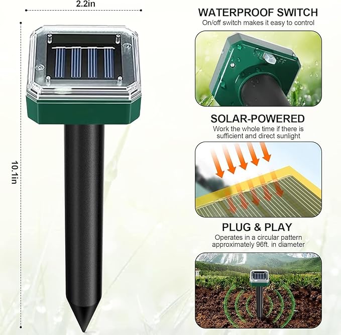 12 Pcs Tirgo Mole Repellent Solar Powered for Lawns Snake Repellent for Yard Gopher Groundhog Vole Repellent Trap Ultrasonic Outdoor Waterproof Chipmunk Rodent Burrowing Animals Deterrent Stake (12)