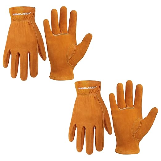 HANDLANDY 2 Pairs Kids Genuine Leather Gardening Gloves for age 2-9, Children Work Gloves for Boys, Girls, Toddlers (Orange, M)