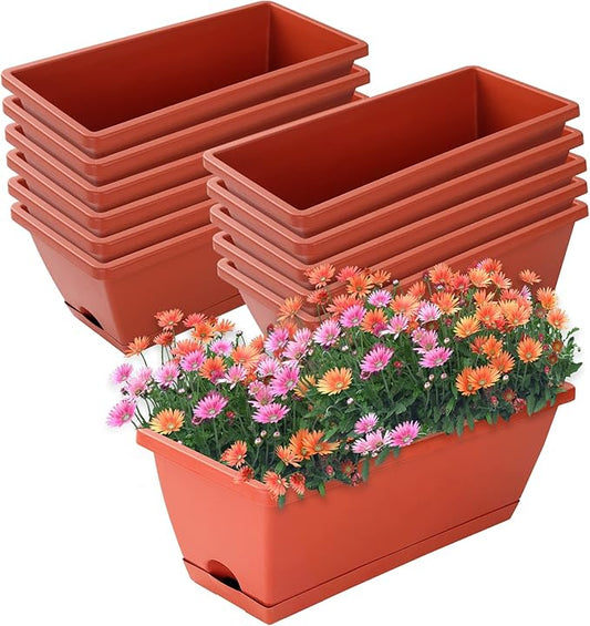 CHUKEMAOYI Window Box Planter, 12 Pack Plastic Vegetable Flower Planters Boxes 17 Inches Rectangular Flower Pots with Saucers for Indoor Outdoor Garden, Patio, Home Decor (Brick red)