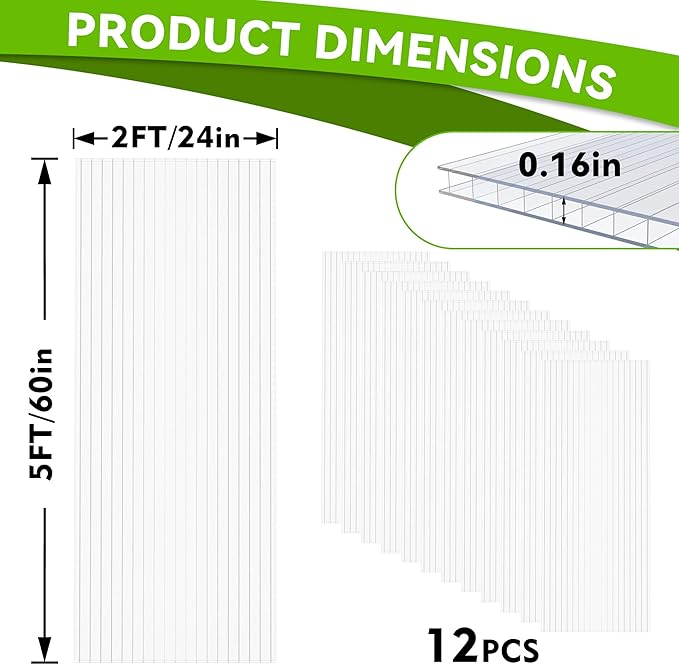 12 Pcs Polycarbonate Greenhouse Panels, 5’ x 2’ x 0.16” Polycarbonate Sheet, Twin-Wall Plastic Panels for DIY Cold Frame & Pergola Roof, Window, Wall