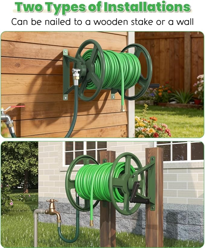 Garden Hose Reel Wall Mounted, Heavy-Duty Water Hose Holder Winder with 3.9 ft Leader Hose & Brass Fitting, Hose Hanger Storage Rack Holds 125-Feet of, 5/8-Inch, for Yard Lawn Farm, Green