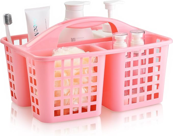 ALINK Plastic Shower Caddy Basket with Compartments, Portable Divided Cleaning Supply Storage Organizer with Handle for College Dorm Bathroom - Pink