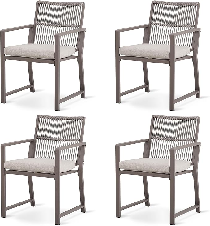 Outdoor Patio Wicker Rattan Dining Chairs, Heavy-Duty Wrought Iron Frame Supports 300lbs, Ergonomic Backrest, Detachable Breathable Cushion, for Garden & Porch, Light Brown, Set of 4