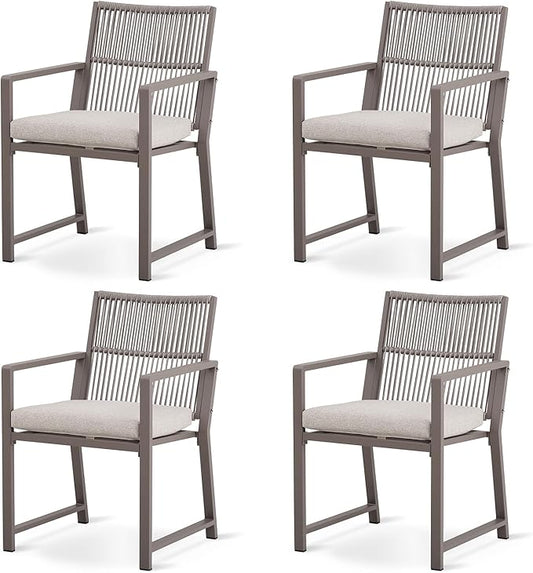 Outdoor Patio Wicker Rattan Dining Chairs, Heavy-Duty Wrought Iron Frame Supports 300lbs, Ergonomic Backrest, Detachable Breathable Cushion, for Garden & Porch, Light Brown, Set of 4