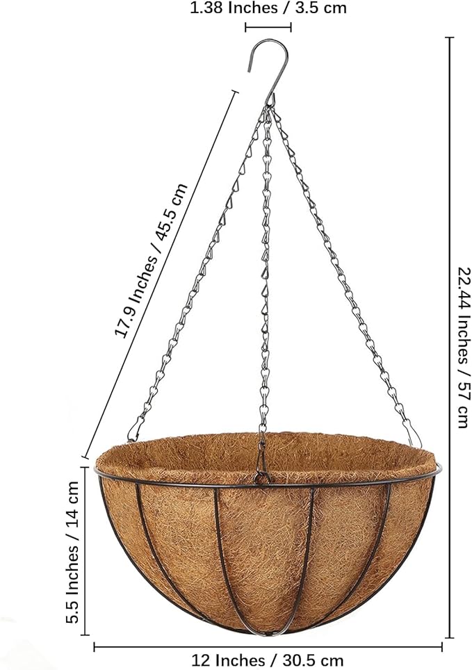 LCHUANG Hanging Baskets Planter for Plants - 4 Pack 12 Inch Metal Baskets with Coco Coir Liner, Hanging Flower Pots for Outside with Chain, Indoor Outdoor Garden Porch Decoration (12'' Pack of 4)