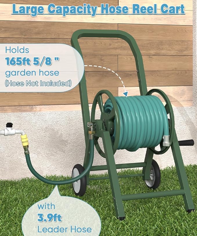 Artigarden Garden Hose Reel Cart with Wheels, Holds 165 ft of 5/8’’ Hose Outdoor Heavy Duty Powder-coated Steel Water Storage Winder Holder with 3.9 Ft Leader Hose for Outside Lawn Yard, Green