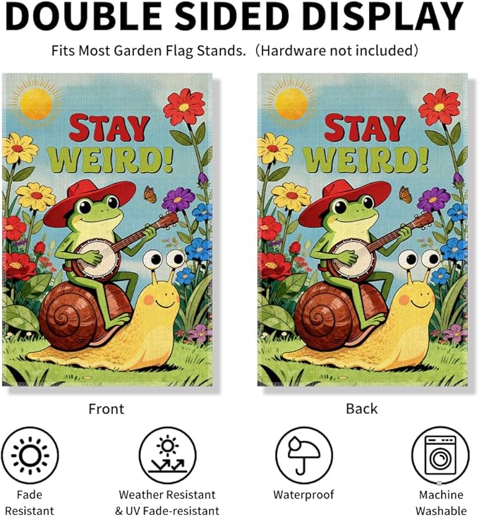 Stay Weird Funny Garden Flag, Hippie Frog Snail Flag, Boho Kindness Peace LGBTQ Resist Equality Inclusive Yard Sign, Spring Summer Welcome Yard Farmhouse Community Lawn Liberal Outdoor Decor