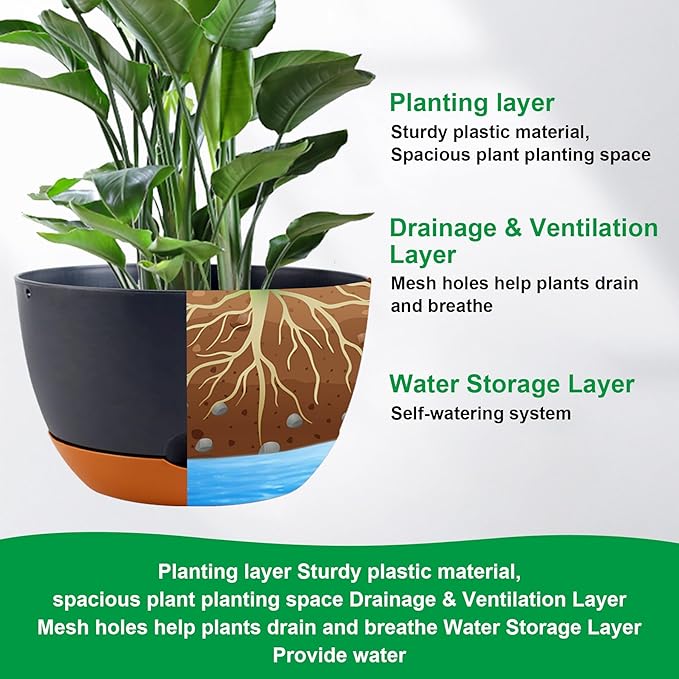 Nooulap 12/10/8/8 Inch Pots for Plants, 4 Pack Large Self Watering Pots for Indoor Plants with Drainage and Saucers, Plastic Outdoor Flower Pot(Grey)
