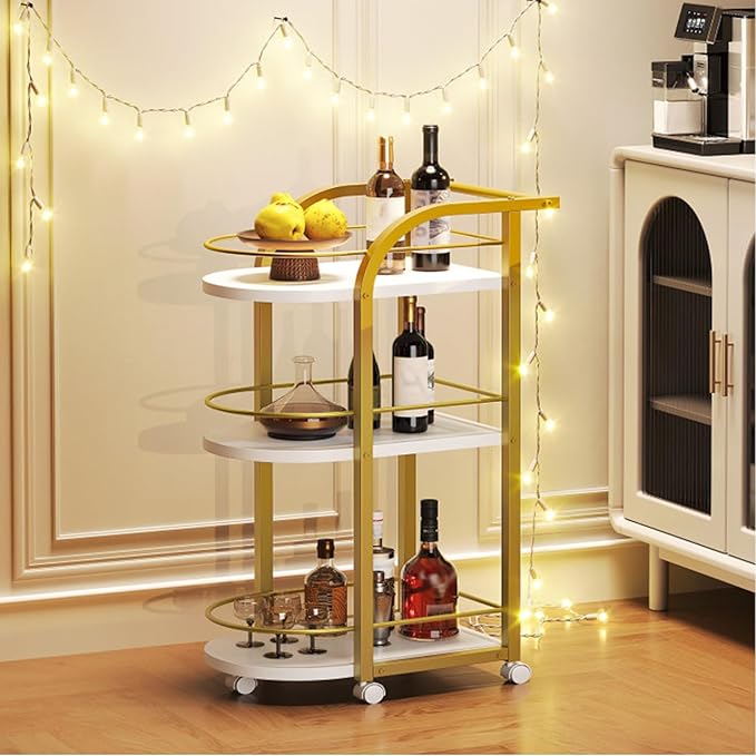 YATINEY 3-Tier Bar Cart, Home Bar Serving Cart with Fence and Wheels, for Dining Room, Living Room, Garden, Party, White and Gold BC06DW