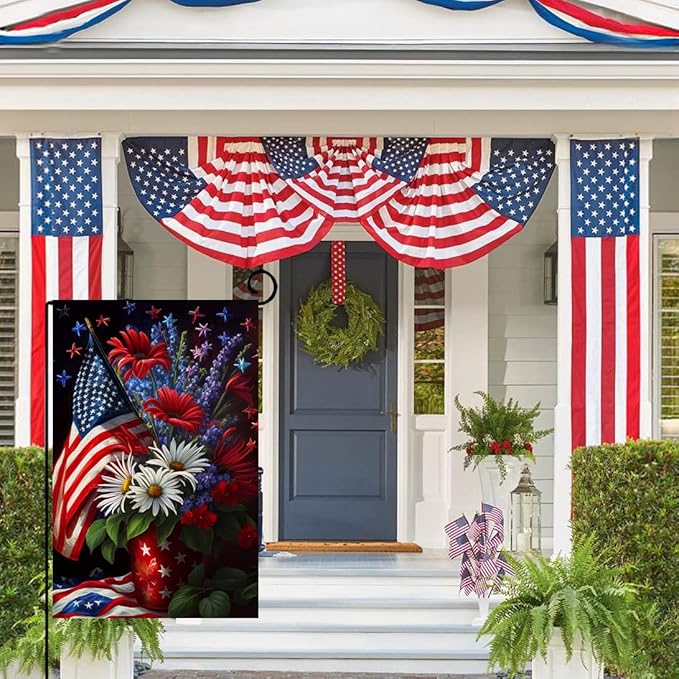 4th of July Floral Garden Flag 12x18 Vertical Double Sided Patriotic USA Flag Red Blue Memorial Day Independence Day Outside Decorations Burlap Yard Flag BW299