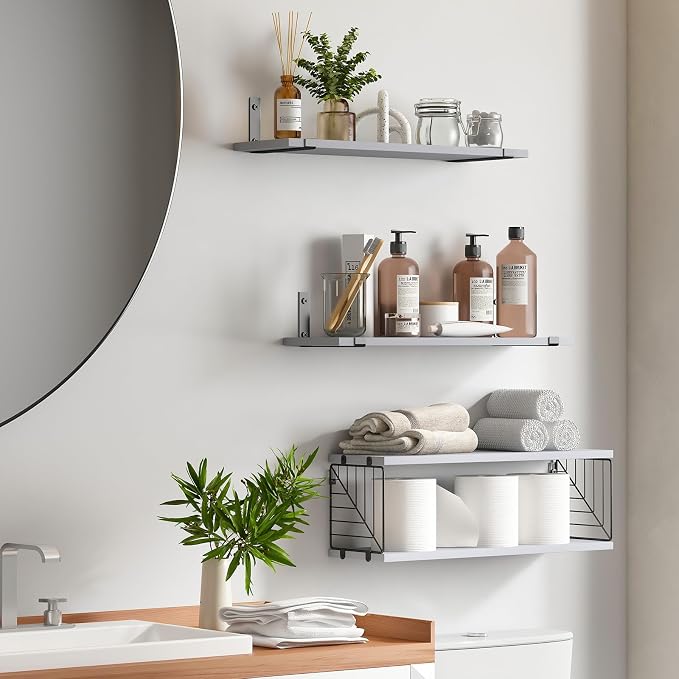 Fixwal 3+1 Tier Bathroom Floating Shelves Over Toilet, Gray | Gray Wood Shelf Set with Toilet Paper Storage Basket, Natural Finish, 40Lb Weight Limit, Quick Mount, Versatile