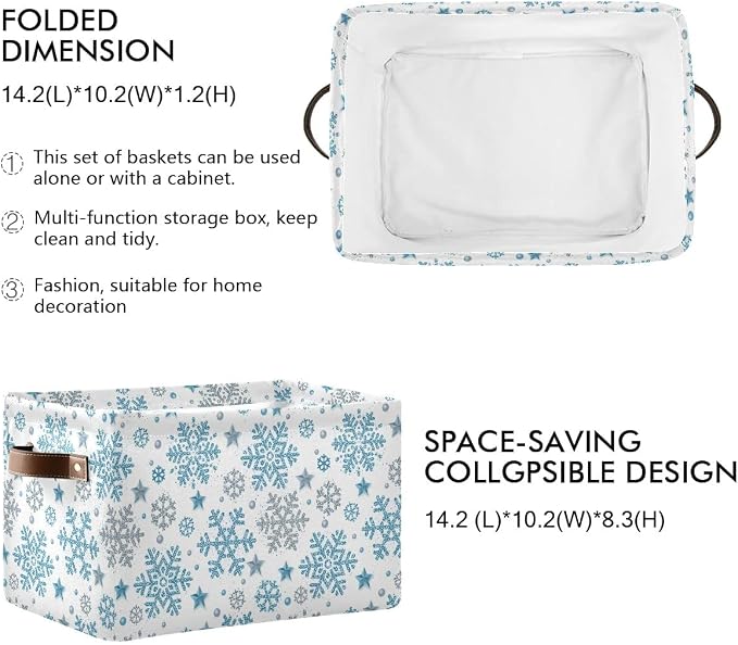 Wamika Winter Snowflake Blue Sliver Storage Basket Fabric Laundry Baskets Christmas Bells Xmas Snowman Boxes Organizer Bag for Baby Cloth Dog Toy Book Cubes Shelf Closet Bins 16×12×8 Inches