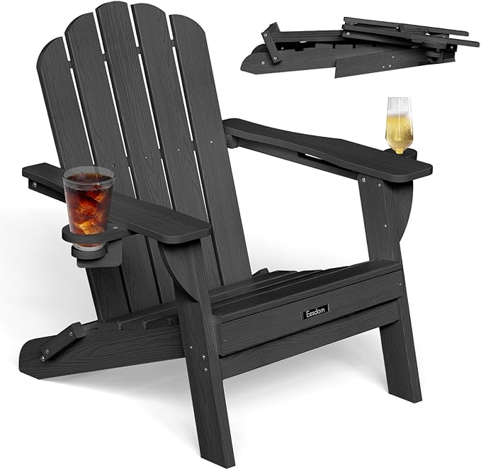 Folding Adirondack Chair, HDPE Adirondack Chair with 2 Cup Holders, Easy Assembly Outdoor Fire Pit Chairs for Patio, Garden, Poolside, Black