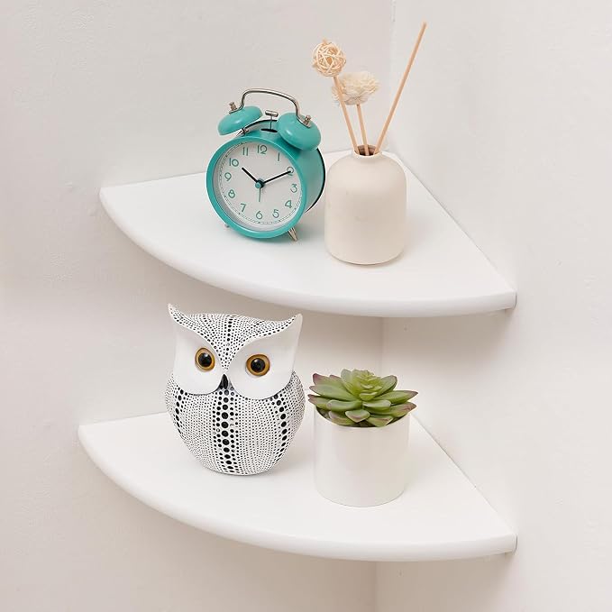 Corner Shelves, Floating Corner Shelf, Set of 2 White Solid Oak Wood Wall Shelves, Round End Wall Mount with Wire Hole Shelving for Small Plant for Bedroom Kitchen, Living Room 8.7"