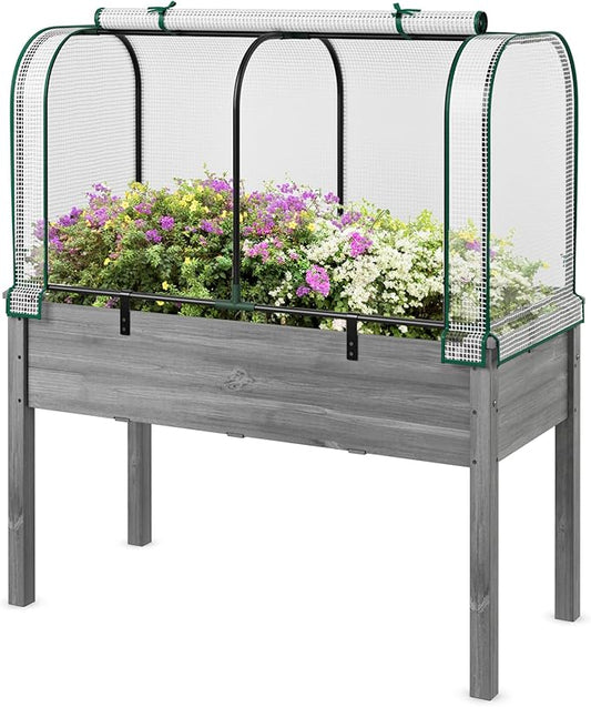 Happygrill Raised Garden Bed with Greenhouse Cover, Raised Bed with Legs & Drainage Holes for Herbs, Vegetables, Outdoor Wood Elevated Planter Box for Patio, Backyard, Balcony (White+Grey)