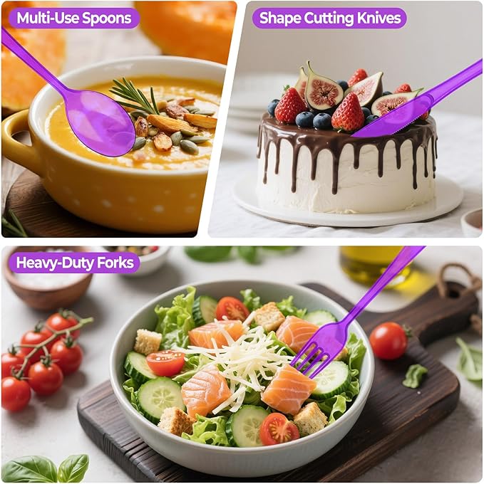 150 PCS Plastic Silverware Disposable Silverware Heavy Duty Utensil Sets 50 Of Each Forks Knives & Spoons Disposable Cutlery Set For Easter,Birthday,Baby Shower,Garden Party,Wedding(150,Purple)