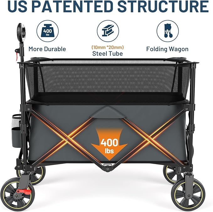 Timber Ridge 350L Extra Large Collapsible Folding Wagon Carts with Brake, Heavy Duty Outdoor Camping Utility Wagons with Extended Height, Adjustable Handle, Cup Holders, Side Bag (Gray)