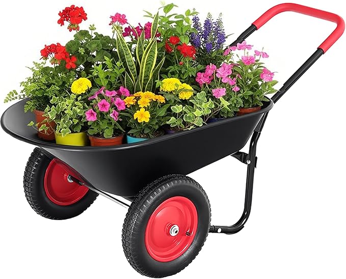2 Wheel Wheelbarrow, Dual-Wheel Garden Dump Cart with 13" Non-Slip Pneumatic Tires & Ergonomic Padded Handle, Heavy-Duty Home Utility Yard Cart Wagon with 4.5 Cu Ft Capacity for Lawn, Gardening