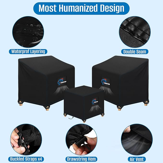 SIRUITON 3 Piece Outdoor Veranda Patio Garden Furniture Cover Set with 210D Durable and Water Resistant Fabric,Fit for Outdoor Wicker Patio Furniture Sets/Rattan Chair Conversation Sets-Balck