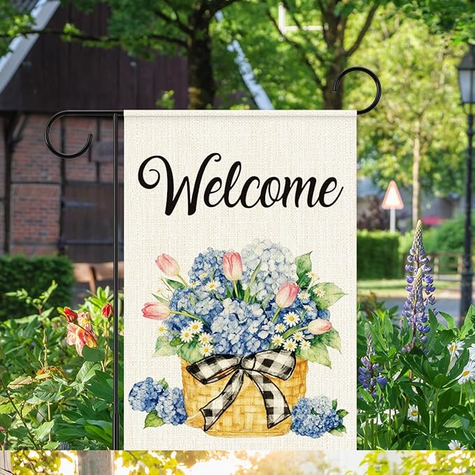 Welcome Flags for Outside,Spring Hydrangea Garden Flag for Yard Patio Lawn Decoration,12x18 Inch Double Sided