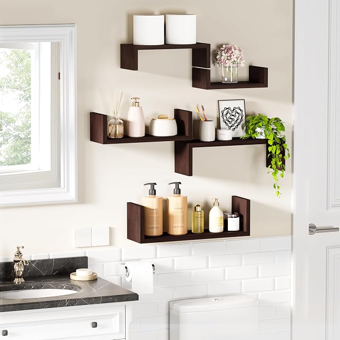 SRIWATANA Dark Walnut Floating Shelves, 5-Piece Set Wood Wall Storage Unit | Versatile Wood Shelves in 5 Different Sizes; Flexible DIY Layout to Fit Any Space in Bathroom, Bedroom, or Kitchen