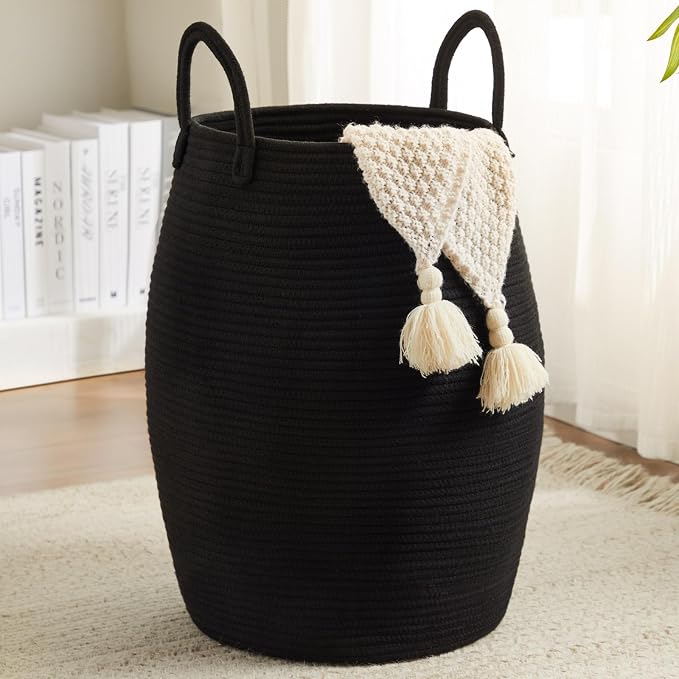 Large Laundry Hamper Basket 65L Woven Blanket Basket, Black
