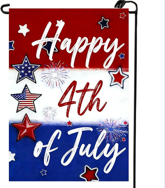 Happy 4th of July Fireworks Star Garden Flag 12x18 Double Sided, Small Burlap Holiday Independence Day Memorial Day Patriotic Yard Flags for Outside Fourth of July Decoration Outdoor Garden Décor