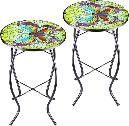 Arbuxzuy 2PCS 12 Inch Small Outdoor Side Table with Colorful Butterfly, Glass Mosaic Patio Table Indoor, Round Plant Coffee Table for Living Room, Balcony, Garden
