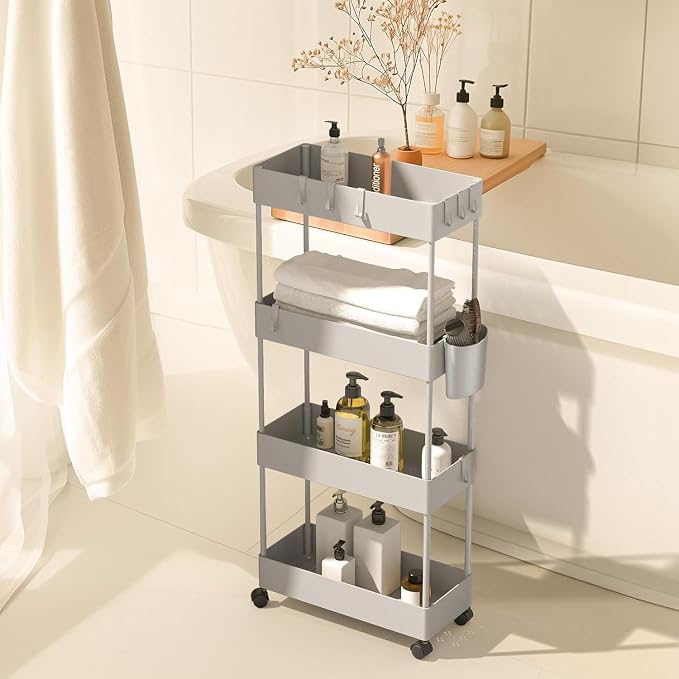 Pipishell 4 Tier Slim Storage Cart with Wheels, Laundry Cart, Gray