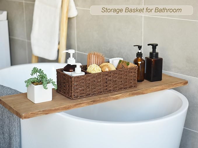 StorageWorks Toilet Paper Basket, Paper Rope Back of Toilet Basket, Walnut | Wicker Baskets with 3 Dividers, Toilet Paper Storage for Back of Toilet Tank, Woven Baskets for Shelves, Pantry, 2 Pack