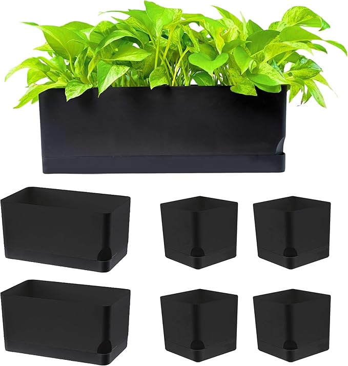 LaLaGreen Planters for Indoor Plants (7 Pack) Self-Watering System Black Window Box Planter, Rectangular Plastic Flower Boxes Herb Garden Long Windowsill Plant Pot with Drainage Modern Stylish Outdoor