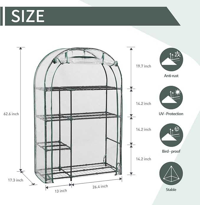 4-Tier Indoor/Outdoor Mini Greenhouse, 40" x 18" x 63" Portable Plant Starter for Herbs & Seedlings with Clear PE Cover, Tool-Free Assembly