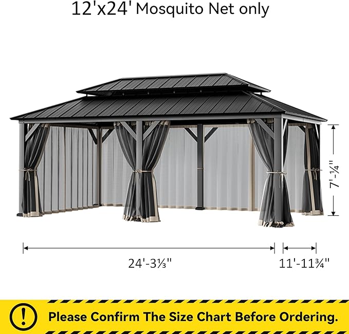 Covered Outdoor Gazebo Mosquito Netting Replacement Universal 6-Panel Sidewalls 12' x 24', Outdoor Gazebo Mosquito Nettings with Double Zipper, Replacement for Patio Canopy, Garden (Mosquito Net Only)