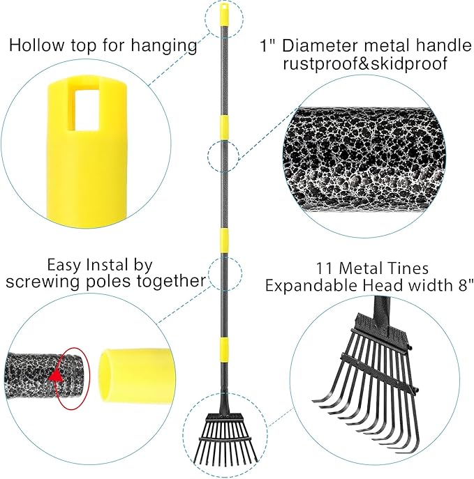 Oliynedy Leaf Rake for Gardening, Adjustable Metal Garden Rake for Leaves Long Handle 30-60", 11 Tines 9" Wide Small Lawn Collapsible Yard Adult Kids Rake for Camping Flower Beds Mulch Shrub