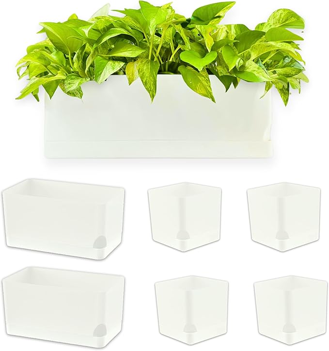 LaLaGreen Planters for Indoor Plants (7 Pack) White Rectangular Self-Watering Window Boxes Planter, Plastic Flower Box Pots Herb Small Long Windowsill Plant with Drainage Patio Garden Home Decor Porch