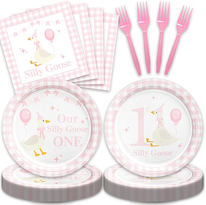48Pcs Pink One Silly Goose Birthday Party Supplies with Plates,Napkins and Forks,Goose Birthday Party or Baby Shower Decorations Set for 16 Guests